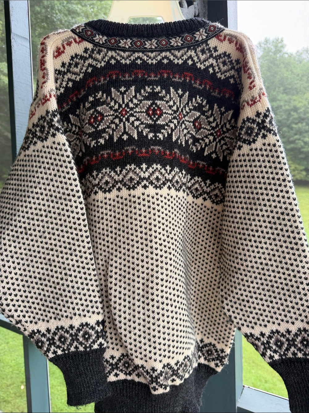 Black & Cream Norwegian Wool Cardigan with Red Accents - Picture 6 of 8